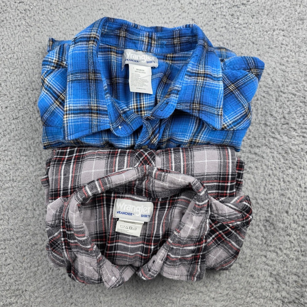 Wrangler Wrancher Mens 2XL Plaid Flannel Pearl Snap Shirt Lot of 2 Blue Gray